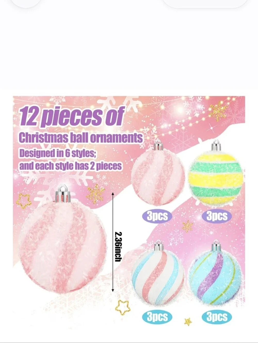 Holiday Frosted Pastel Christmas Ornaments - 12 Count. NWT.